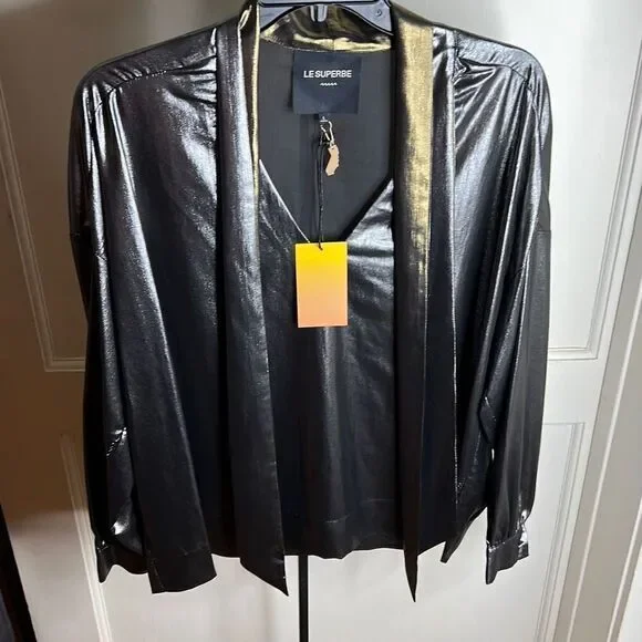 Le Superbe Vintage Gold Pewter Costes Tie Front Blouse Nwt Large - Picture 2 of 5